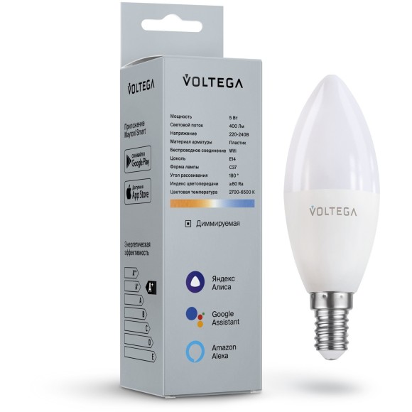 Лампа со SMART управлением по Wi-Fi, DIM, E14 5W 2700-6500K 80RA 180° 400лм Voltega 2427 Лампа со SMART управлением по Wi-Fi, DIM, E14 5W 2700-6500K 80RA 180° 400лм Voltega 2427
