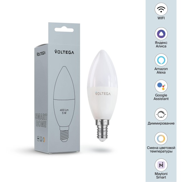 Лампа со SMART управлением по Wi-Fi, DIM, E14 5W 2700-6500K 80RA 180° 400лм Voltega 2427 Лампа со SMART управлением по Wi-Fi, DIM, E14 5W 2700-6500K 80RA 180° 400лм Voltega 2427