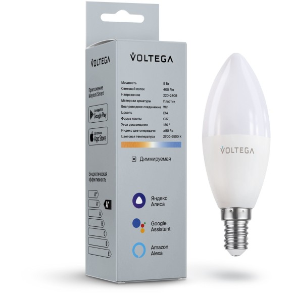 Лампа со SMART управлением по Wi-Fi, DIM, E14 5W 2700-6500K 80RA 180° 400лм Voltega 2427 Лампа со SMART управлением по Wi-Fi, DIM, E14 5W 2700-6500K 80RA 180° 400лм Voltega 2427