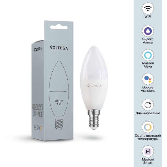 Лампа со SMART управлением по Wi-Fi, DIM, E14 5W 2700-6500K 80RA 180° 400лм Voltega 2427 Лампа со SMART управлением по Wi-Fi, DIM, E14 5W 2700-6500K 80RA 180° 400лм Voltega 2427