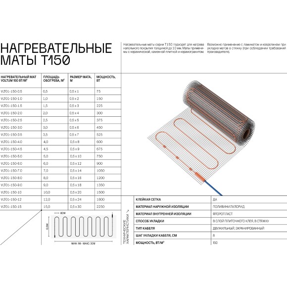 VLT01-150-4.5 Нагревательный мат (Теплый пол) длиной 9 метров и шириной полметра (0.5 метра) Voltum Т150 мощность 675Вт 150Вт/м², двужильный экранированный кабель, клеевая основа, укладка в плиточный клей/стяжку, гарантия 25 лет VLT01-150-4.5 Нагревательный мат (Теплый пол) длиной 9 метров и шириной полметра (0.5 метра) Voltum Т150 мощность 675Вт 150Вт/м², двужильный экранированный кабель, клеевая основа, укладка в плиточный клей/стяжку, гарантия 25 лет