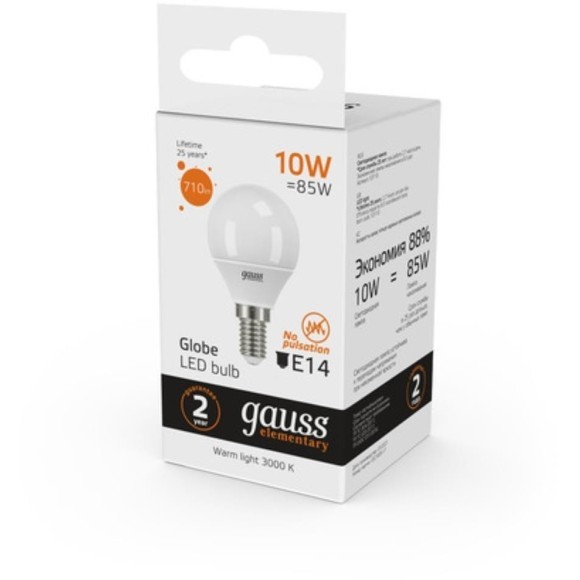 53110 Лампа Gauss LED Elementary Шар 10W E14 880lm 3000K 1/10/100 53110 Лампа Gauss LED Elementary Шар 10W E14 880lm 3000K 1/10/100