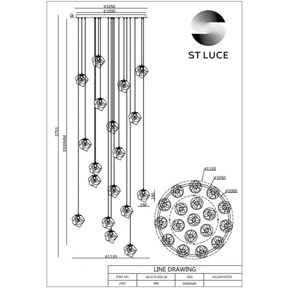 SL1175.303.18 Светильник подвесной ST-Luce Латунь/Янтарный E14 18*40W PORTICI