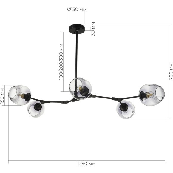 SLE154843-05 Светильник подвесной Черный/Дымчатый E27 5*40W RAMETTO SLE154843-05 Светильник подвесной Черный/Дымчатый E27 5*40W RAMETTO