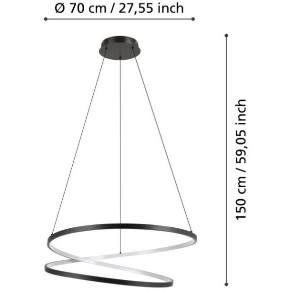 Eglo Ruotale 901138 Подвесной LED-светильник люстра хай-тек, 42 Вт, 3000К, 5000 лм, CRI90, 220В, черный металл и белый акрил, диаметр 700 мм, макс. высота 1500 мм