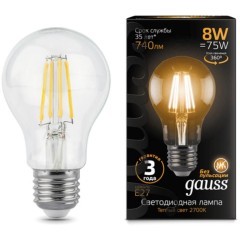 102802108 Лампа Gauss Filament А60 8W 740lm 2700К Е27 LED 1/10/40 102802108 Лампа Gauss Filament А60 8W 740lm 2700К Е27 LED 1/10/40