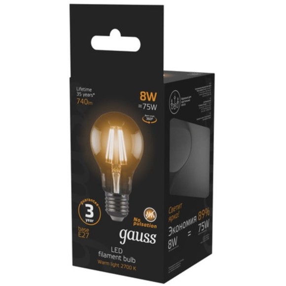 102802108 Лампа Gauss Filament А60 8W 740lm 2700К Е27 LED 1/10/40