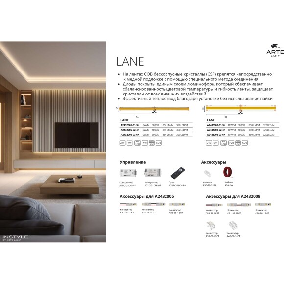 Arte Lamp A2432005-02-4K Светодиодная лента сплошная узкая, длина 5м, ширина 5 мм, COB 10Вт/м 850Лм/м 4000К 120° CRI90+ IP20 24В, кратность резки 50мм, -20°...+45°C