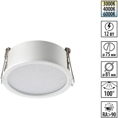 359877 WIR NT26 000 белый Светильник встраиваемый с переключателем цв. температуры IP20 LED 12W 100-265V 3000К/4000К/6000К LANTE