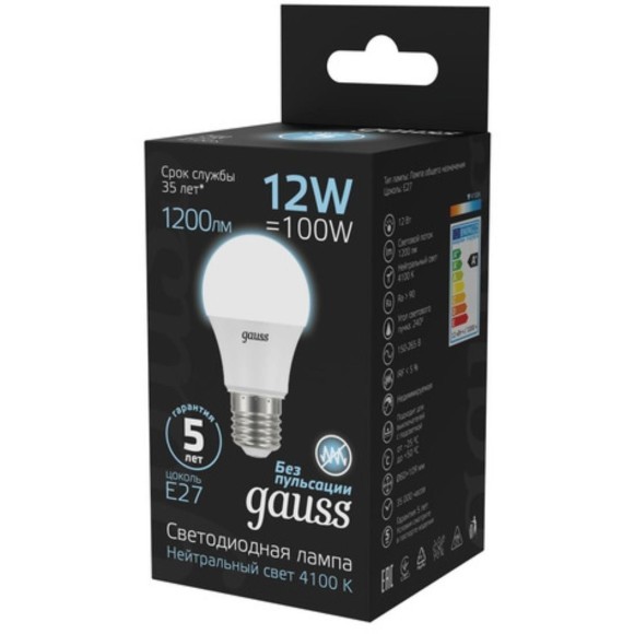 102502212 Лампа Gauss LED A60 12W E27 1200lm 4100K 1/10/50 102502212 Лампа Gauss LED A60 12W E27 1200lm 4100K 1/10/50