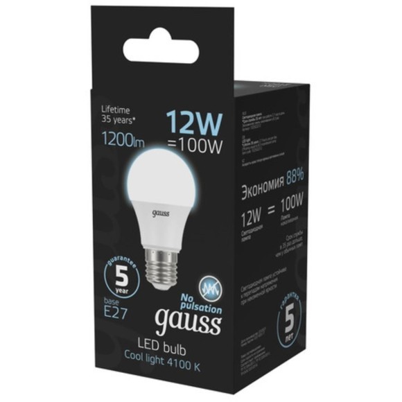 102502212 Лампа Gauss LED A60 12W E27 1200lm 4100K 1/10/50 102502212 Лампа Gauss LED A60 12W E27 1200lm 4100K 1/10/50