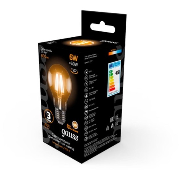 102802106 Лампа Gauss LED Filament A60 E27 6W 600lm 2700К 1/10/40