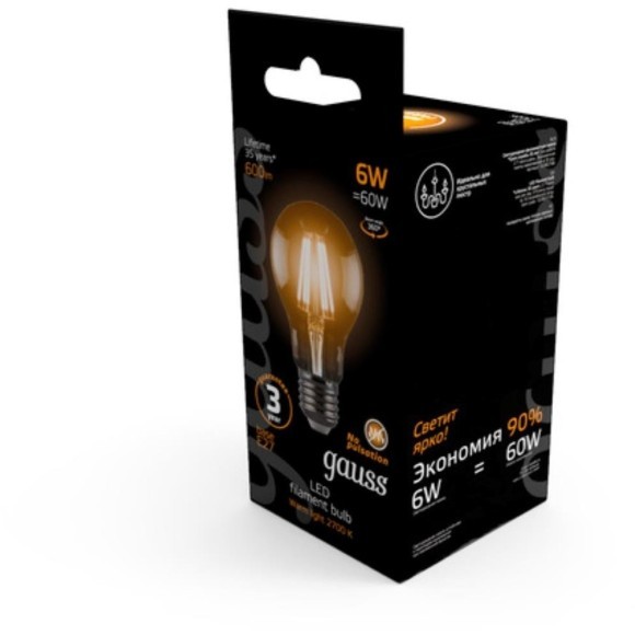 102802106 Лампа Gauss LED Filament A60 E27 6W 600lm 2700К 1/10/40