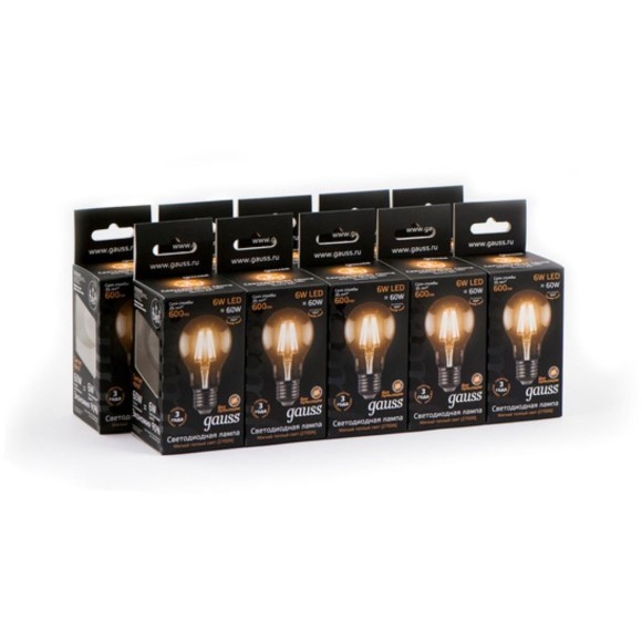 102802106 Лампа Gauss LED Filament A60 E27 6W 600lm 2700К 1/10/40