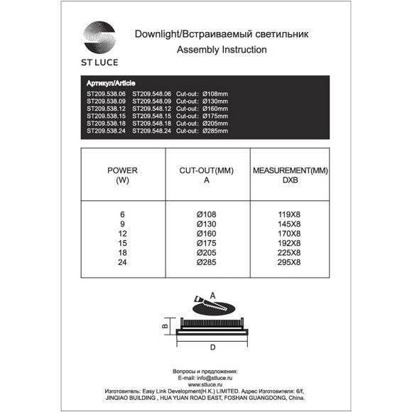 ST209.548.12 Св-к встр. Белый LED 1*12W 4000K 816Lm Ra80 110° IP20 D170xH8 90-265V Встраиваемые светильники