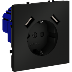 Розетка встраиваемая VOLTUM S70 с заземлением и защитными шторками, 16А, с USB, A+A, (черный матовый
