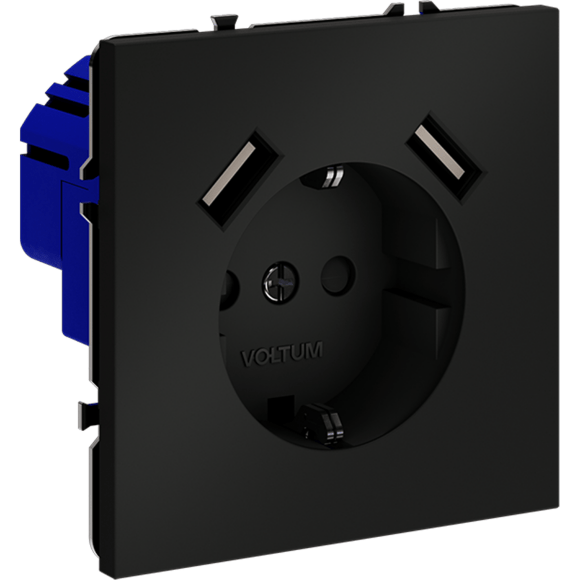 Розетка встраиваемая VOLTUM S70 с заземлением и защитными шторками, 16А, с USB, A+A, (черный матовый