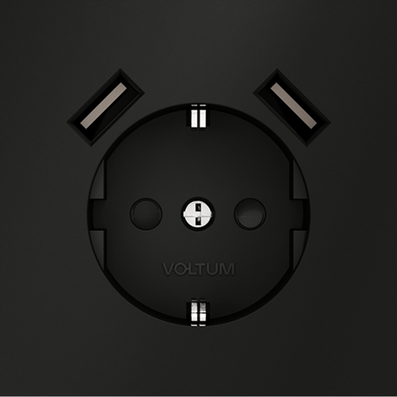 Розетка встраиваемая VOLTUM S70 с заземлением и защитными шторками, 16А, с USB, A+A, (черный матовый