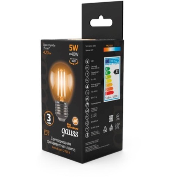 105802105 Лампа Gauss LED Filament Шар E27 5W 420lm 2700K 1/10/50