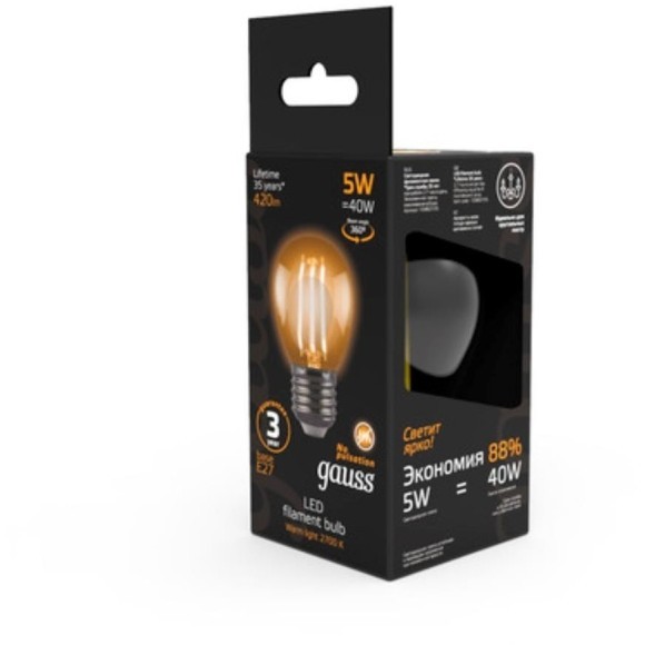 105802105 Лампа Gauss LED Filament Шар E27 5W 420lm 2700K 1/10/50