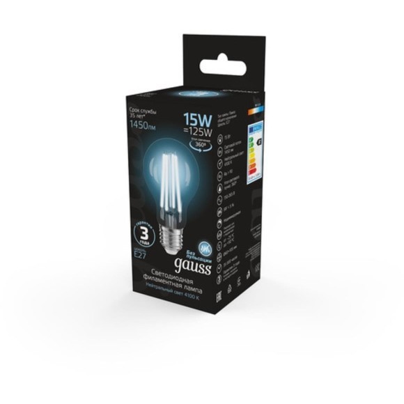 102902215 Лампа Gauss Filament А60 15W 1450lm 4100К Е27 LED 1/10/40 102902215 Лампа Gauss Filament А60 15W 1450lm 4100К Е27 LED 1/10/40