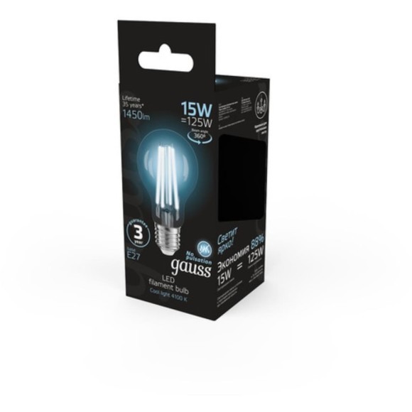 102902215 Лампа Gauss Filament А60 15W 1450lm 4100К Е27 LED 1/10/40 102902215 Лампа Gauss Filament А60 15W 1450lm 4100К Е27 LED 1/10/40