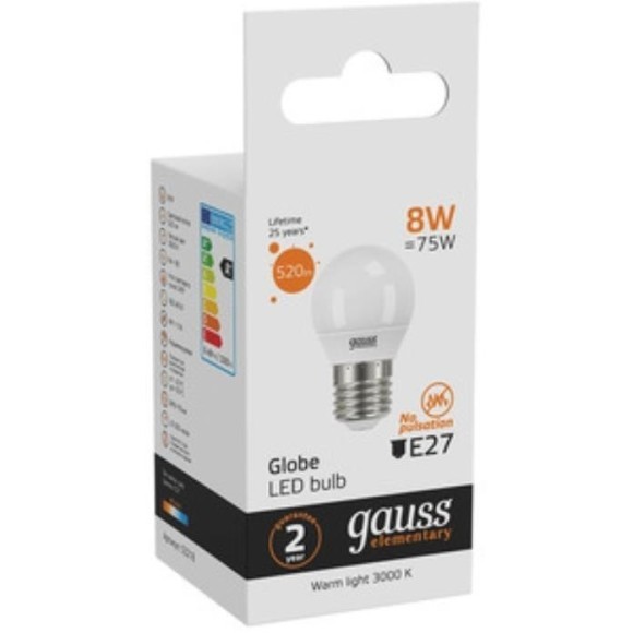 53218 Лампа Gauss LED Elementary Шар 8W E27 520lm 3000K 1/10/100