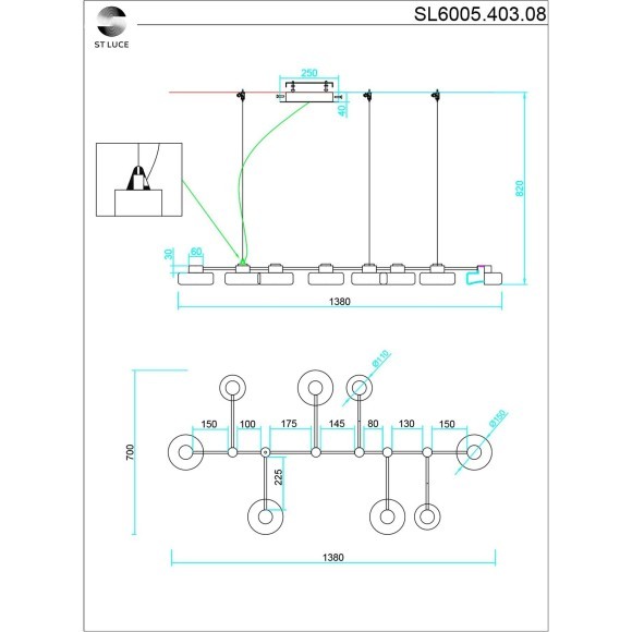 SL6005.403.08 Светильник подвесной ST-Luce Черный/Дымчатый, Прозрачный LED 8*3W 3000K VALLO