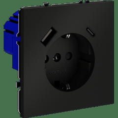 Розетка встраиваемая VOLTUM S70 с заземлением и защитными шторками, 16А, с USB, A+С, (черный матовый