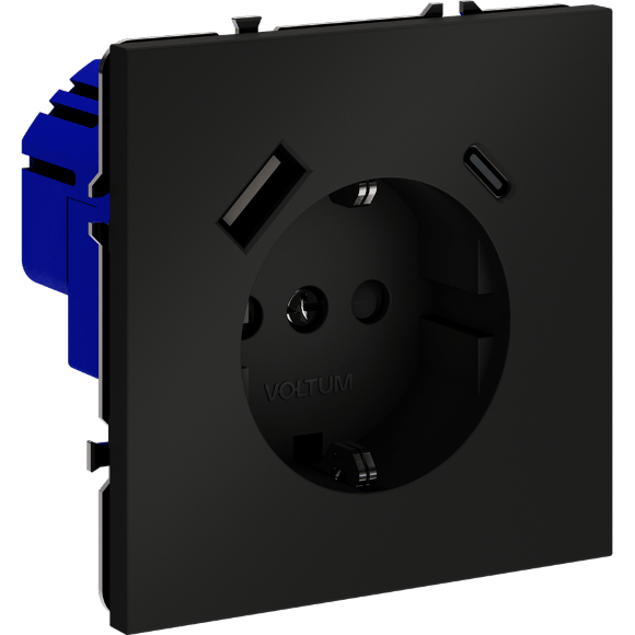 Розетка встраиваемая VOLTUM S70 с заземлением и защитными шторками, 16А, с USB, A+С, (черный матовый