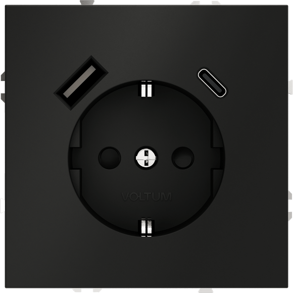 Розетка встраиваемая VOLTUM S70 с заземлением и защитными шторками, 16А, с USB, A+С, (черный матовый