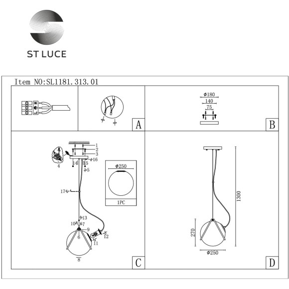 SL1181.313.01 Подвес ST-Luce Латунь/Латунь, Прозрачный E27 1*40W ACERRA