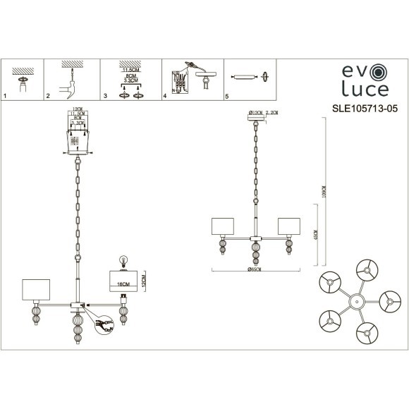 SLE105713-05 Светильник подвесной Латунь, Прозрачный/Белый E14 5*40W RAMER