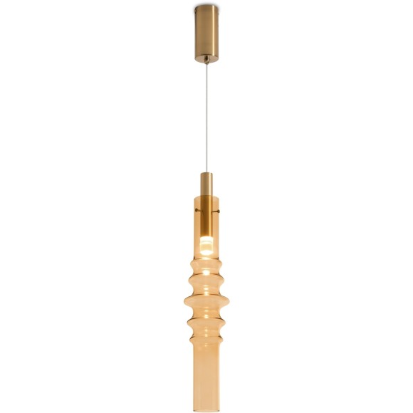 Freya Trace FR5635PL-L6AM Минималистичный подвесной LED-светильник, 6 Вт, 3000К, CRI 80, 250 лм, 360°, 220В, диаметр 110 мм, высота 700-2600 мм, основание металл цвета латунь, плафон янтарное стекло