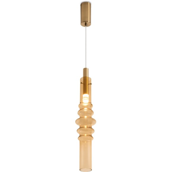 Freya Trace FR5635PL-L6AM Минималистичный подвесной LED-светильник, 6 Вт, 3000К, CRI 80, 250 лм, 360°, 220В, диаметр 110 мм, высота 700-2600 мм, основание металл цвета латунь, плафон янтарное стекло
