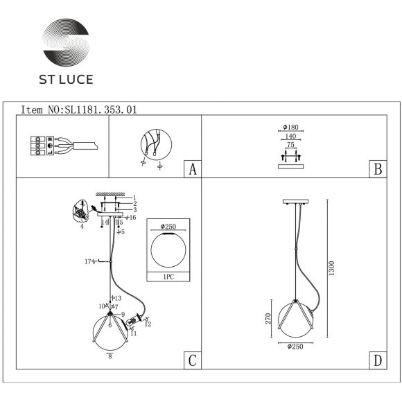 SL1181.353.01 Подвес ST-Luce Латунь/Латунь, Белый E27 1*40W ACERRA
