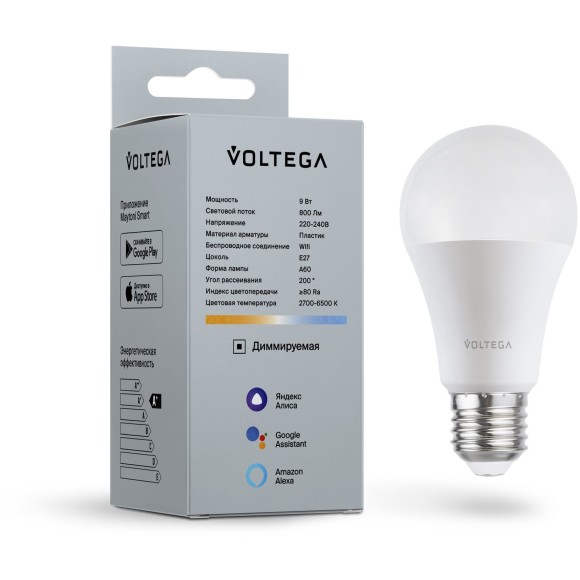 Лампа со SMART управлением по Wi-Fi, DIM, E27 9W 2700-6500K 80RA 200° 800лм Voltega 2429 Лампа со SMART управлением по Wi-Fi, DIM, E27 9W 2700-6500K 80RA 200° 800лм Voltega 2429