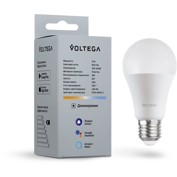Лампа со SMART управлением по Wi-Fi, DIM, E27 9W 2700-6500K 80RA 200° 800лм Voltega 2429 Лампа со SMART управлением по Wi-Fi, DIM, E27 9W 2700-6500K 80RA 200° 800лм Voltega 2429