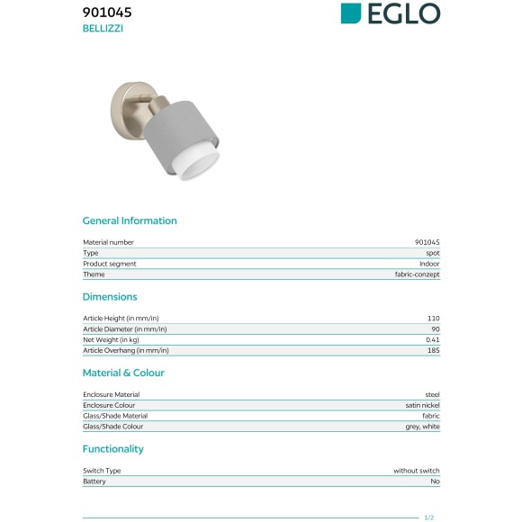901045 EGLO BELLIZZI (Беллицци) настенный спот 1xE14 до 7,5 Вт, матовый никель, серо-белый текстиль, IP20