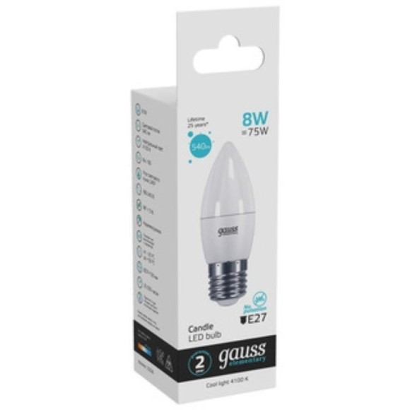 33228 Лампа Gauss LED Elementary Свеча 8W E27 540lm 4100K 1/10/100 33228 Лампа Gauss LED Elementary Свеча 8W E27 540lm 4100K 1/10/100