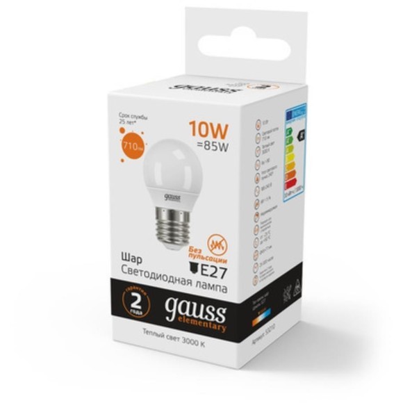 Светодиодная лампа Gauss Шар 10W 710Lm 3000K E27 CRI80 арт 53210 Светодиодная лампа Gauss Шар 10W 710Lm 3000K E27 CRI80 арт 53210