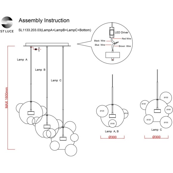 SL1133.203.03 Светильник подвесной ST-Luce Белый,Латунь/Прозрачный LED 3*14W 3000K  (из 4-х коробок) BOPONE