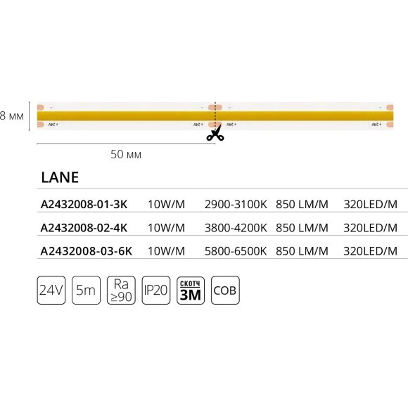 A2432008-03-6K Светодиодная лента 24В 10Вт/м 850Лм/м 6000К  CRI 90+ 8мм COB 320шт/м 5м IP20