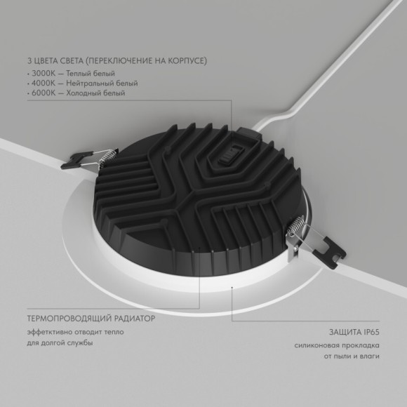 DK2463-WH Встраиваемый светодиодный светильник Denkirs VERSA IP65 16Вт 3000/4000/6000K