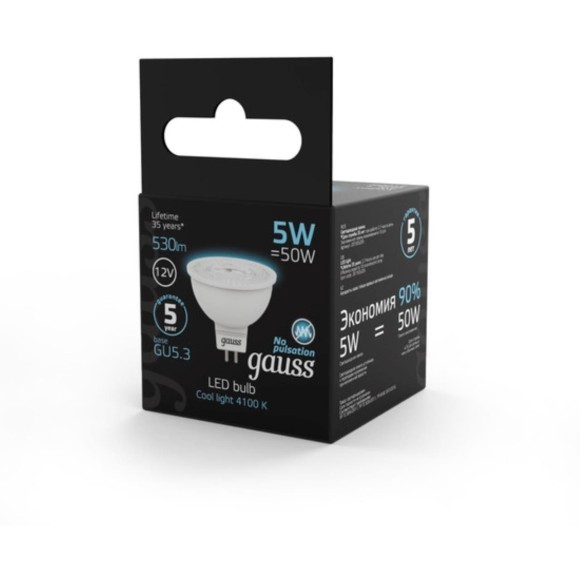 201505205 Лампа Gauss LED MR16 GU5.3 5W 12V 530lm 4100K 1/10/100 201505205 Лампа Gauss LED MR16 GU5.3 5W 12V 530lm 4100K 1/10/100