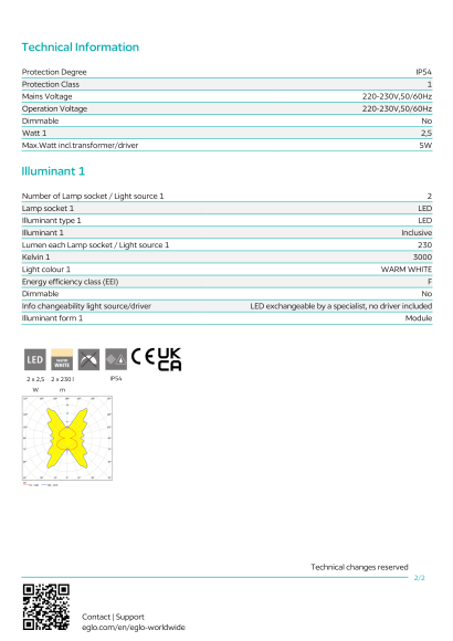 Уличный настенный светильник EGLO KIBEA 93254, встроенный LED 2 × 2,5Вт, 2 × 230Лм, 3000К, IP54, подключение 220В, высота 260 мм, 2 × 2.5; максимальная суммарная 5Вт