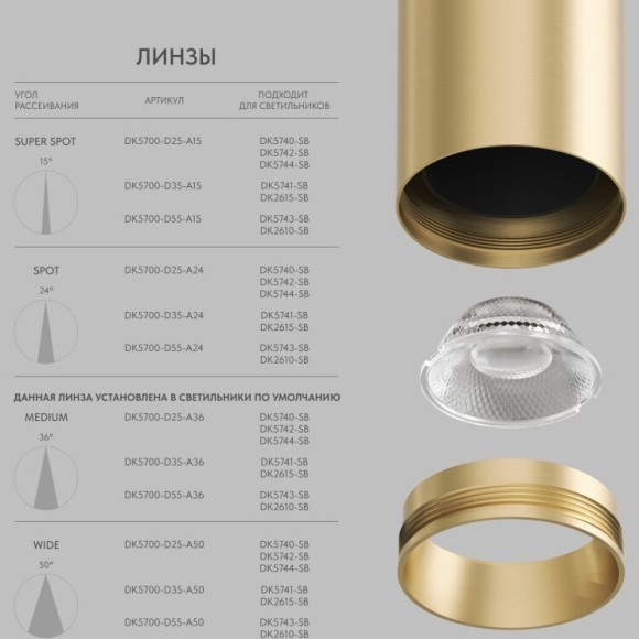 Линза 35mm, угол рассеивания света 50° для светильников SHINE DK5741/DK2615, поликарбонат