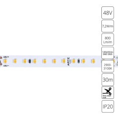 A4812010-03-3K Светодиодная лента 48В 7.2Вт/м 800Лм/м 3000К CRI 90+ 10мм SMD2835 120шт/м 30м IP20 A4812010-03-3K Светодиодная лента 48В 7.2Вт/м 800Лм/м 3000К CRI 90+ 10мм SMD2835 120шт/м 30м IP20