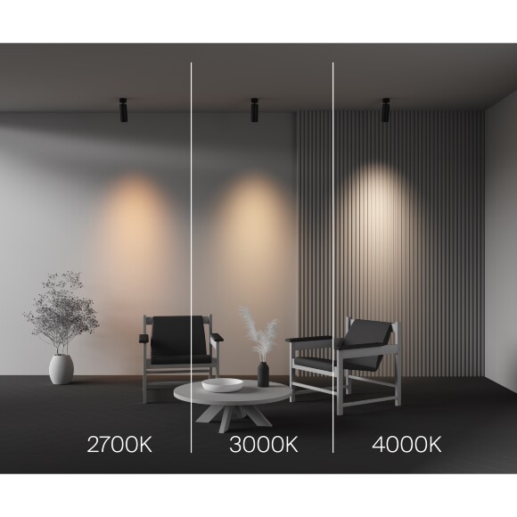 Maytoni C055CL-L20W2.7-3-4K-M-B Потолочный накладной поворотный черный светодиодный светильник цилиндр, CCT перекл. цветовой температуры, COB LED 20Вт 2310Лм 2700;3000;4000К CRI90 36° IP20 220В, диммируемые диоды Bridgelux (при смене блока питания)