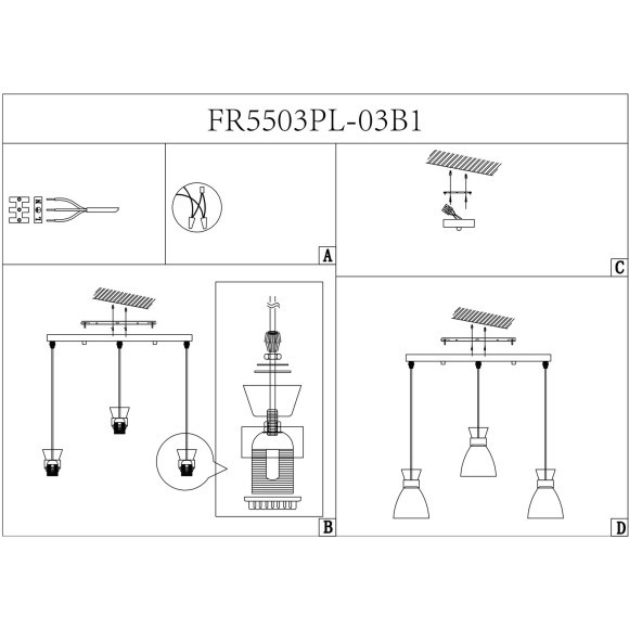 Freya Topi FR5503PL-03B1 Минималистичный трехплафонный подвесной светильник в стиле лофт, лампы 3xE27 до 40 Вт, 220В, габариты 1220 x 655 x 135 мм, основание черный матовый металл, плафоны молочное стекло